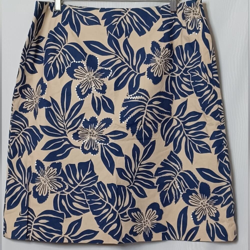 Talbots Stretch Floral Skirt Tan and Blue With Sequins. Size 16